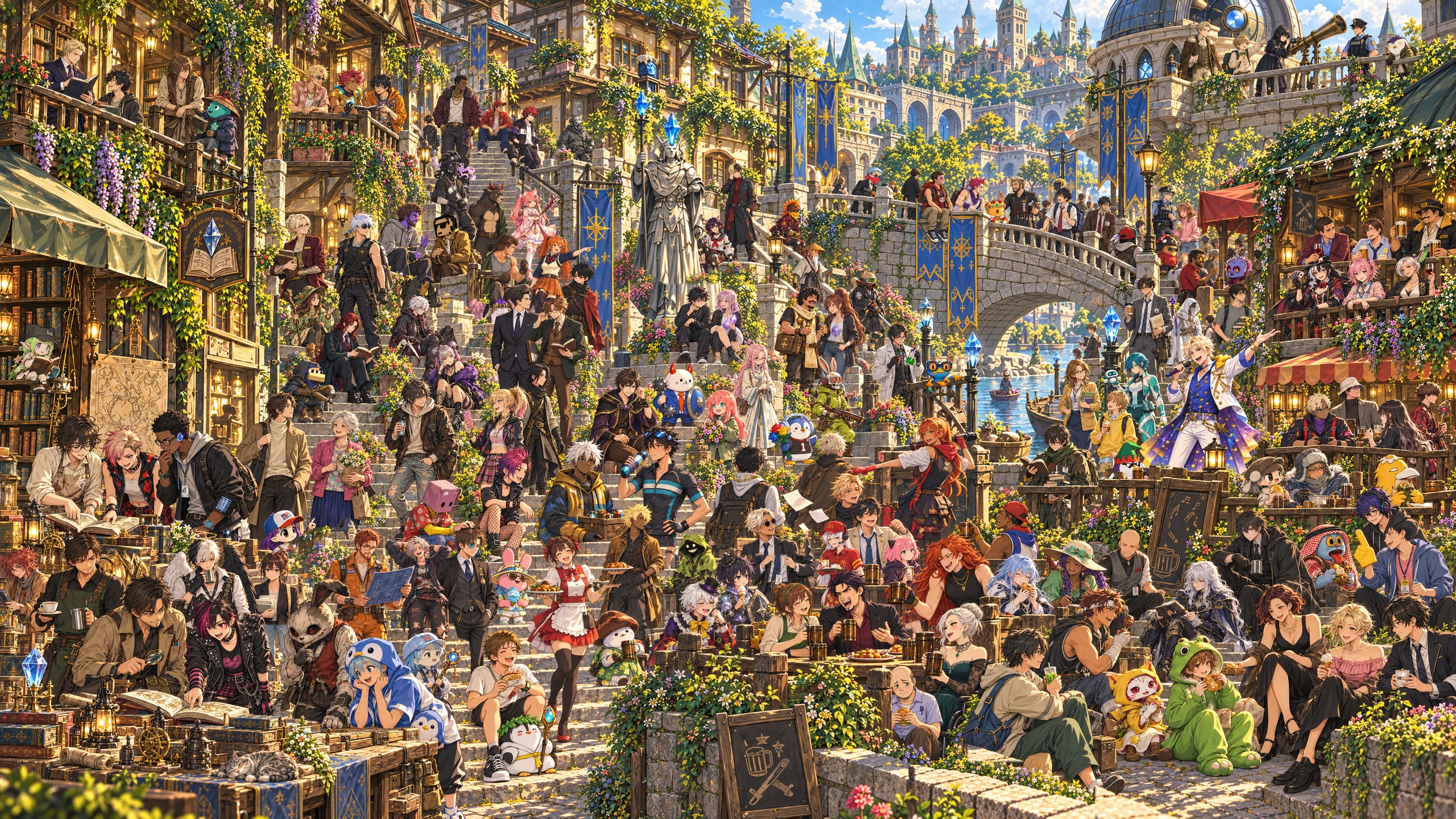 An illustrated city where Valhist Game residents and Unbreakable Bonds adventurers share streets, workshops and gardens