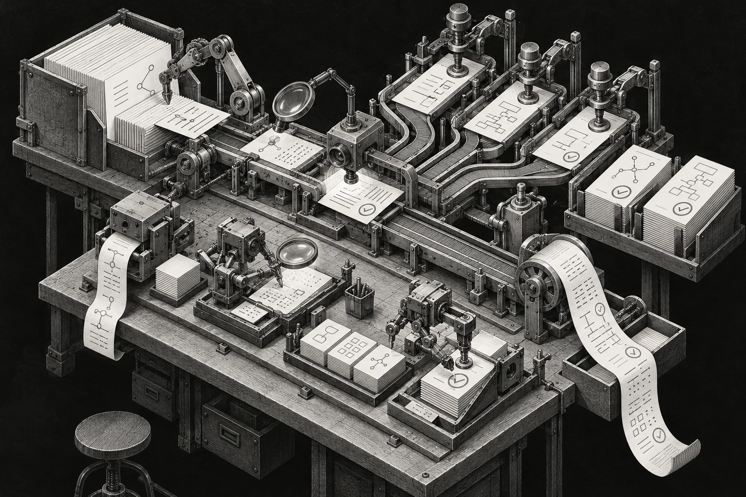A monochrome engraved workshop where connected machines inspect code artifacts and produce verification receipts