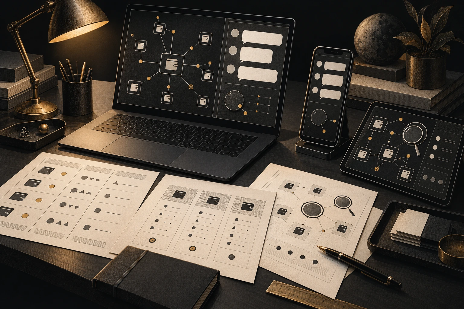 An amber-lit research desk with comparison notes, a laptop, trading-tool motifs and a wallet tracker